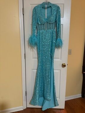 Turquoise Sequin Feather Trim Evening Gown